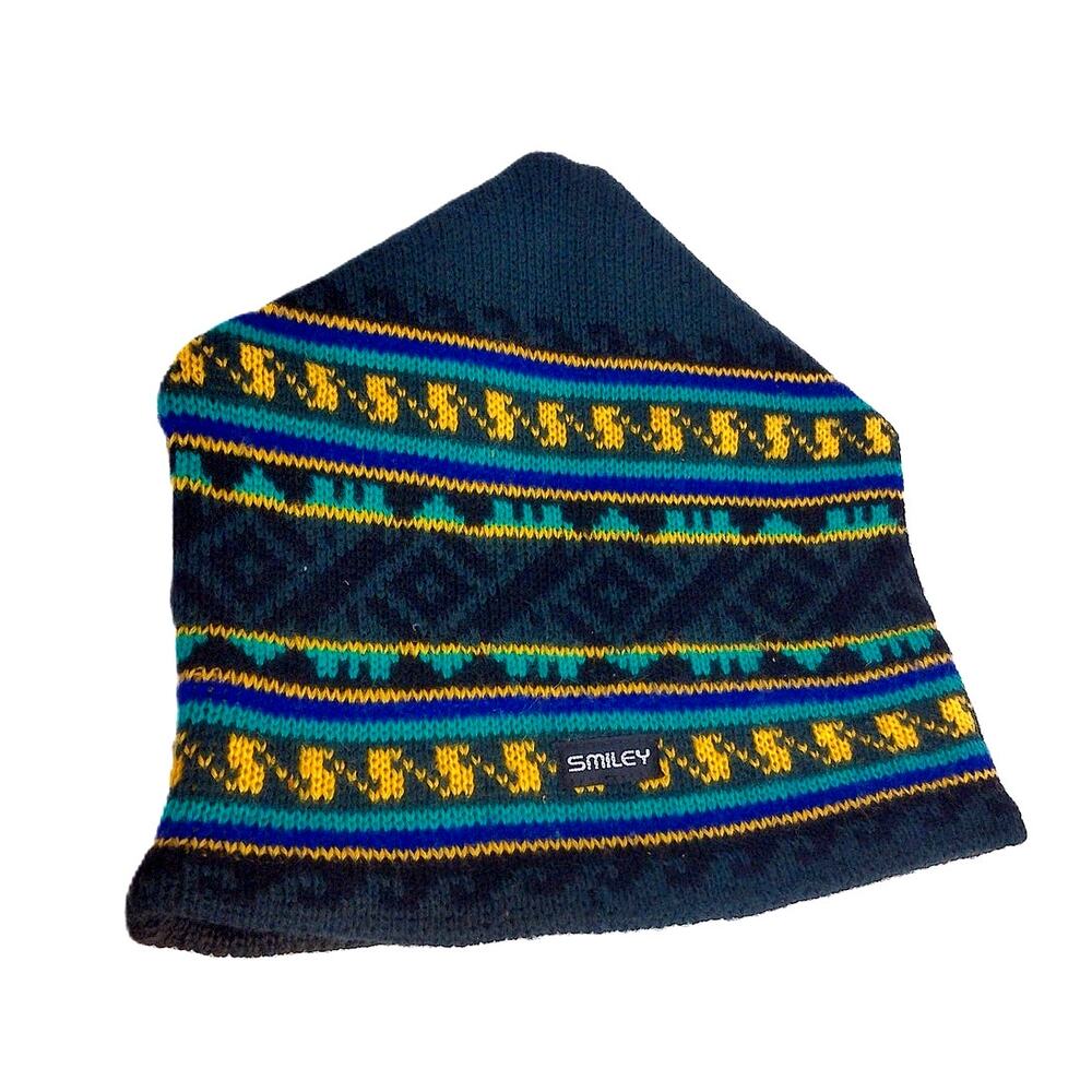 Vtg Smiley Wool Knit Beanie Ski Hat Striped Geometric Winter Cap One Size
